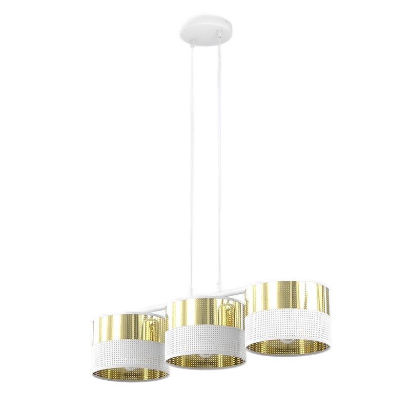 Lampa wisząca listwa perforowane klosze LUX biało-złoty 3xE27x15W metal wym:140x70x20cm IP20 Emibig