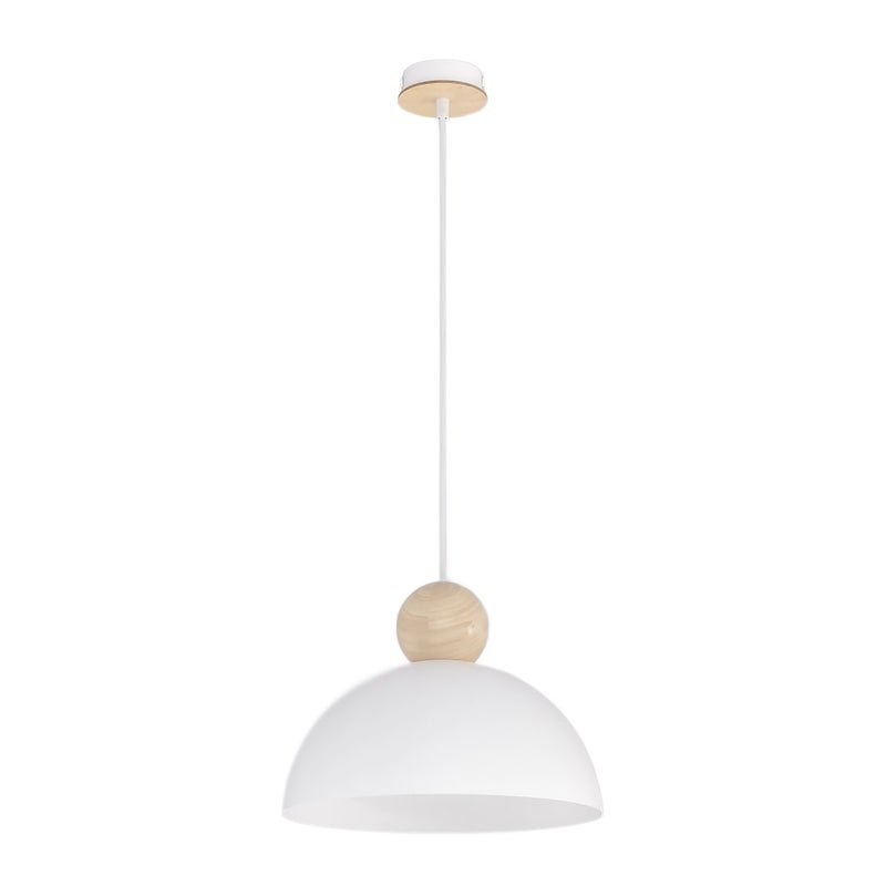 Lampa wisząca duży kopułowy klosz z drewnianą kulką KAKI biało-beżowy 1xE27x15W metal wym:140x30x30cm IP20 Emibig