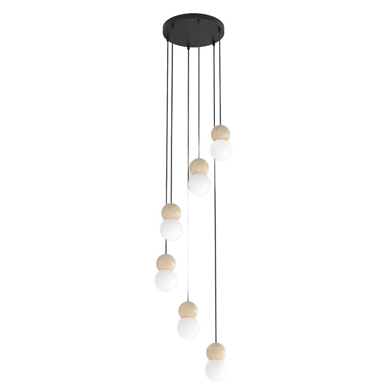 Lampa wisząca drewniane i szklane kulki LOOP czarno-biały 6xG9x8W drewno wym:140x33x33cm IP20 Emibig