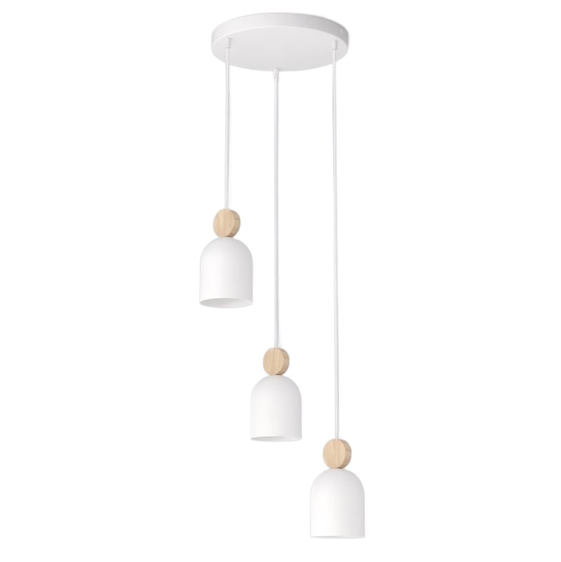Lampa wisząca okrągła owalne klosze z drewnianym detalem MESI biały 3xGU10x8W metal wym:140x34x34cm IP20 Emibig