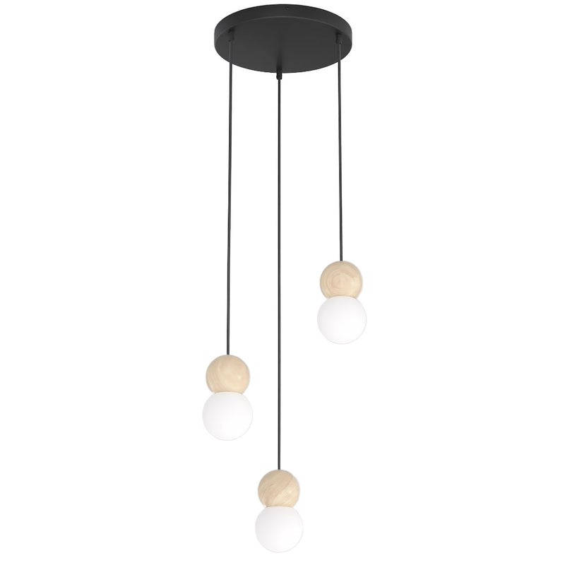 Lampa wisząca drewniane i szklane kulki LOOP czarno-biały 3xG9x8W drewno wym:140x23x23cm IP20 Emibig