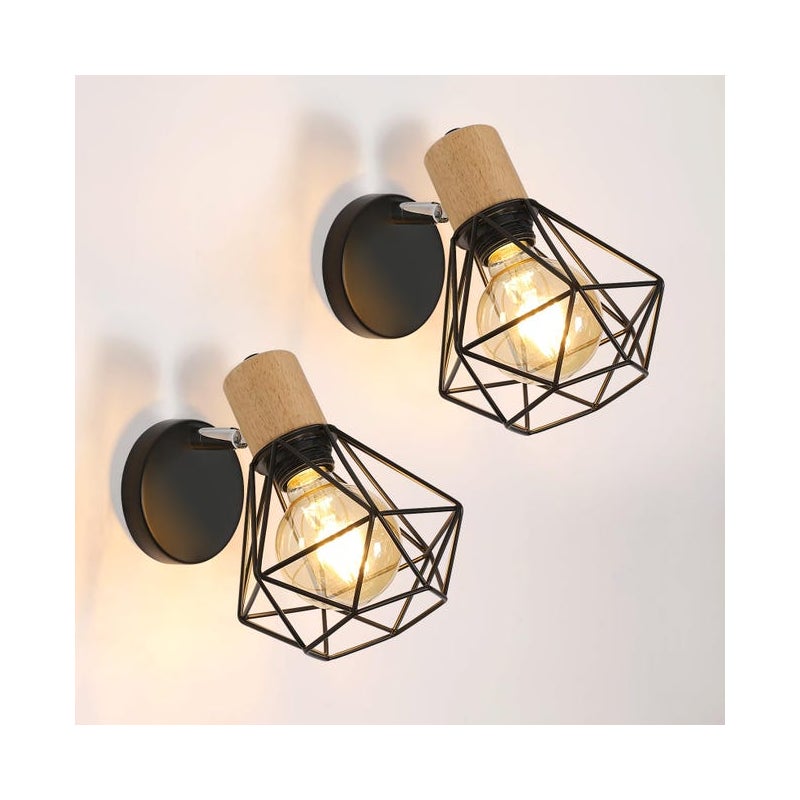 Zestaw 2 kinkietów industrialnych, kinkiet obrotowy 360°, czarna metalowa lampa klatkowa E27, oświetlenie dekoracyjne w stylu vintage