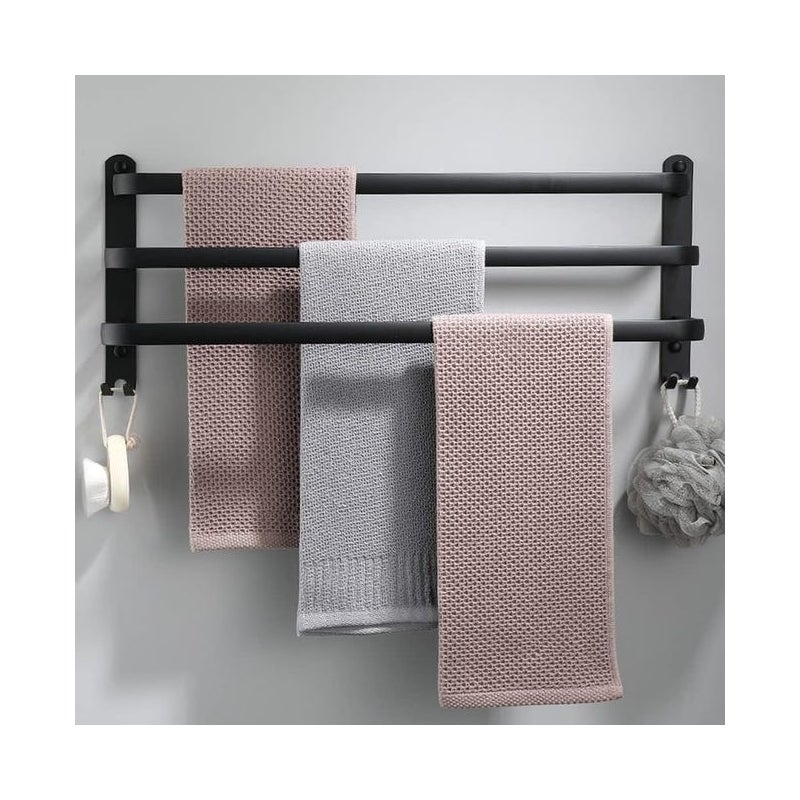 Wieszak na ręczniki aluminiowy ścienny - 3 poziomy - Z haczykami - 60 cm - Wodoodporny - Czarny - Do łazienki, kuchni, prysznica