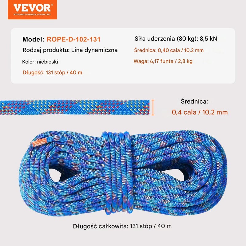 Lina wspinaczkowa dynamiczna 10,2mm 40m 25kN z karabińczykami