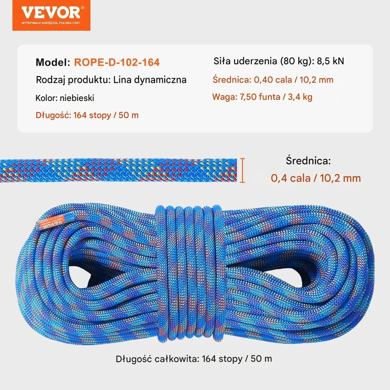 Lina wspinaczkowa dynamiczna 10,2mm 50m 25kN z karabińczykami