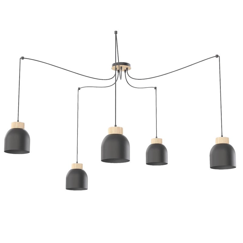 Lampa wisząca pająk klosze z drewnianym akcentem KRU czarny 5xE27x15W metal wym:300x300x300cm IP20 Emibig
