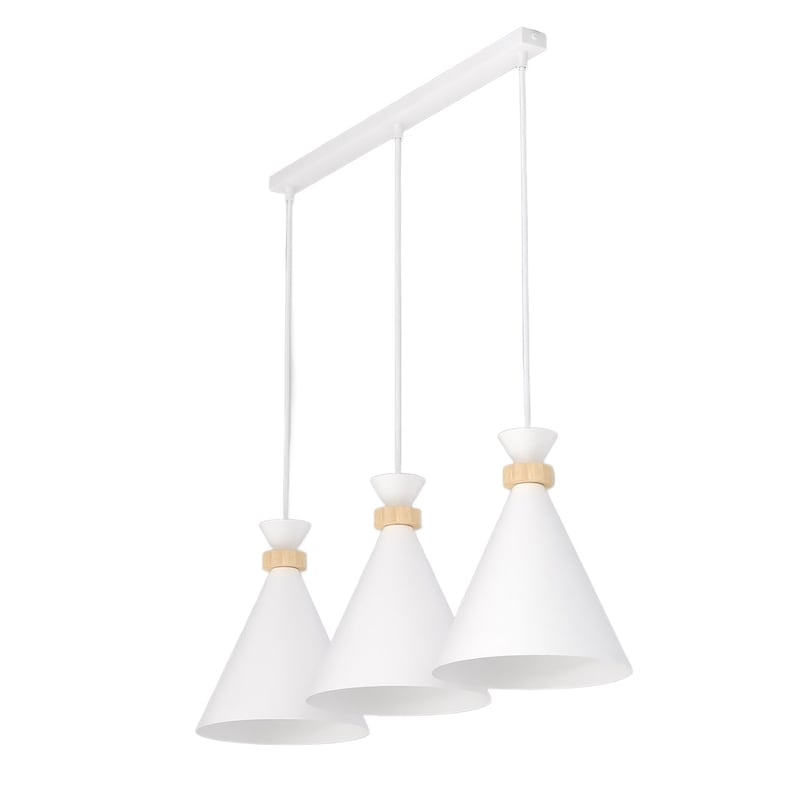 Lampa wisząca listwa stożkowe klosze drewniane detale ZERO biały 3xE27x15W metal wym:140x78x23cm IP20 Emibig