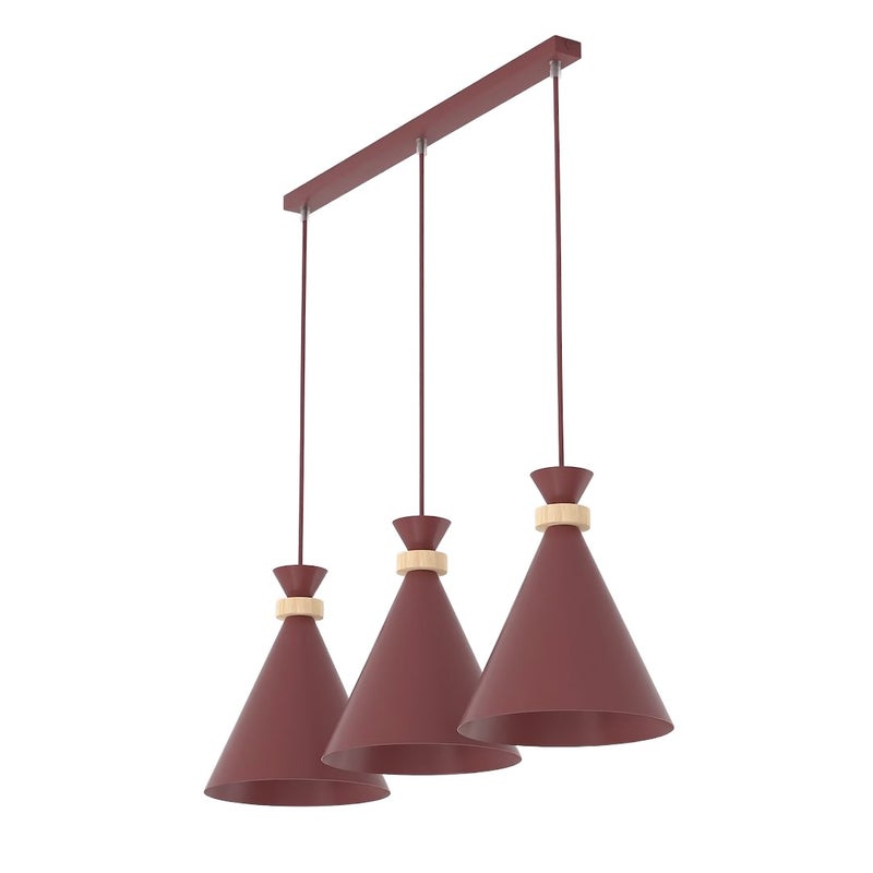Lampa wisząca listwa stożkowe klosze drewniane detale ZERO burgundowy 3xE27x15W metal wym:140x78x23cm IP20 Emibig