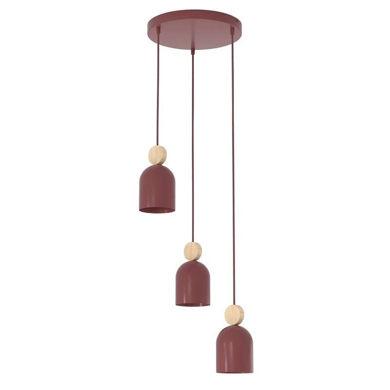 Lampa wisząca okrągła owalne klosze z drewnianym detalem MESI burgundowy 3xGU10x8W metal wym:140x34x34cm IP20 Emibig