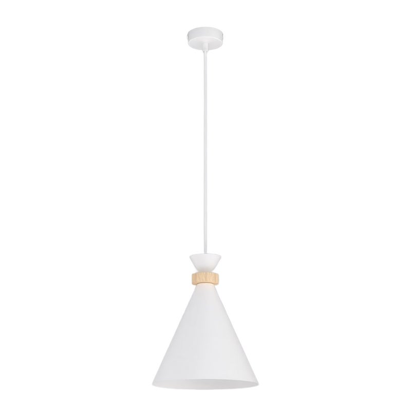 Lampa wisząca stożkowy klosz z drewnianym detalem ZERO biały 1xE27x15W metal wym:140x23x23cm IP20 Emibig