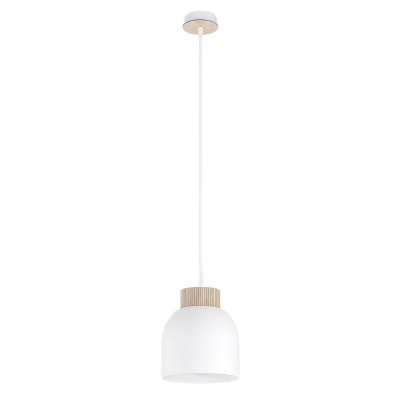 Lampa wisząca kopułowy klosz z drewnem VIGO biały 1xE27x15W metal wym:140x18x18cm IP20 Emibig
