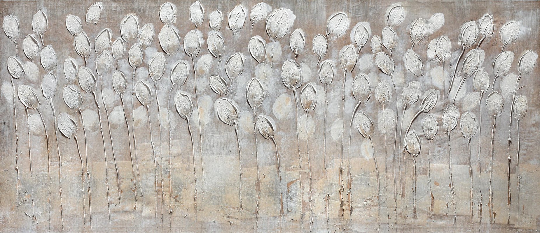 Obraz bez ramy, abstrakcyjny, prostokątny, 150 x 65 cm. Oryginalne płótno, wielokolorowy biały tulipan.