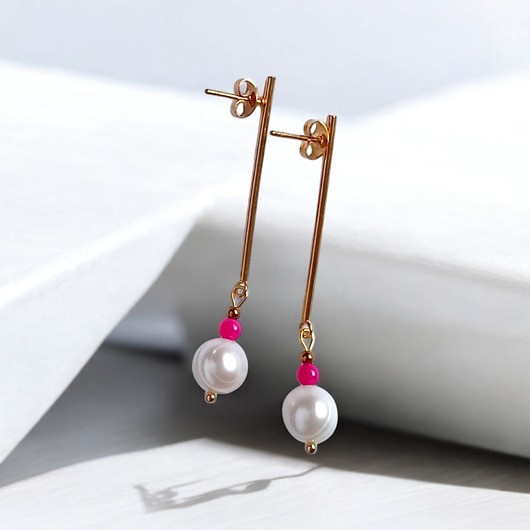 Kolczyki FUCHSIA & PEARL collection: perła i agat : długie sztyfty