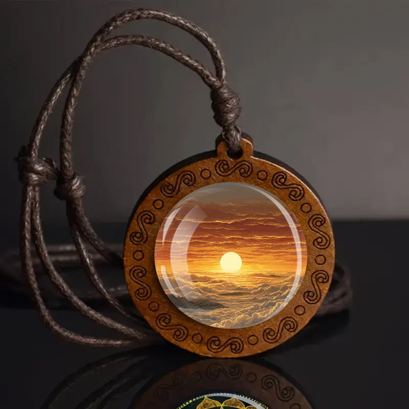 TEMU Wisiorek w Stylu Vintage Boho z Drewna z Wkładką Szklaną - Regulowany Sznurek, Zachodu Słońca i Oceanu, Idealny na Codzienne Noszenie i Prezenty