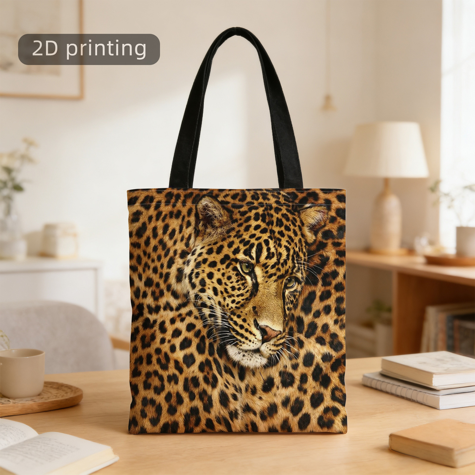 TEMU Torba na ramię z nadrukiem 2D, Leopard, Kropki, Dzika, Kot, Fauna, Wielokrotnego użytku, Stylowa torba na ramię, Torba na zakupy, Torba na