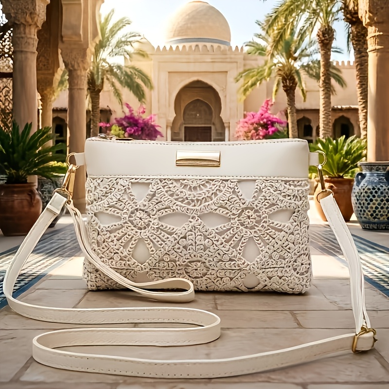 TEMU [Damska Torebka Crossbody] Beżowa Koronkowa Torebka Crossbody z Otworami, Damska Torebka na Ramię, Letnia Codzienna Mała Torebka na Zamek -