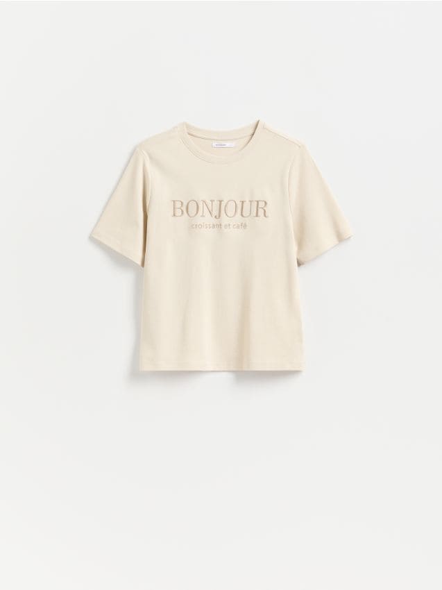 Reserved - Bawełniany t-shirt z haftem - beżowy