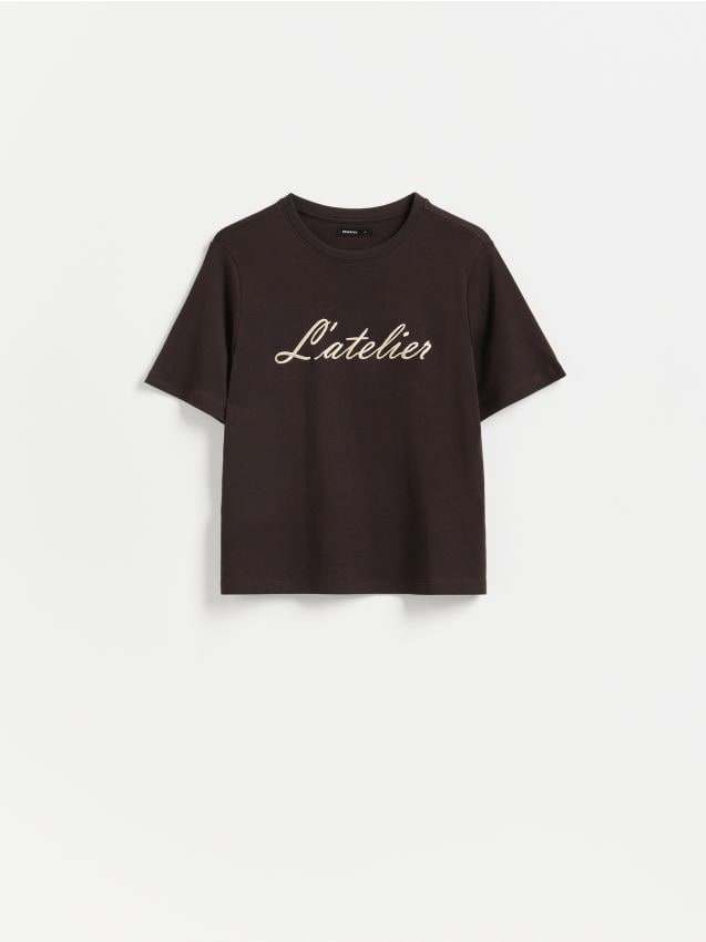 Reserved - Bawełniany t-shirt z haftem - ciemnobrązowy