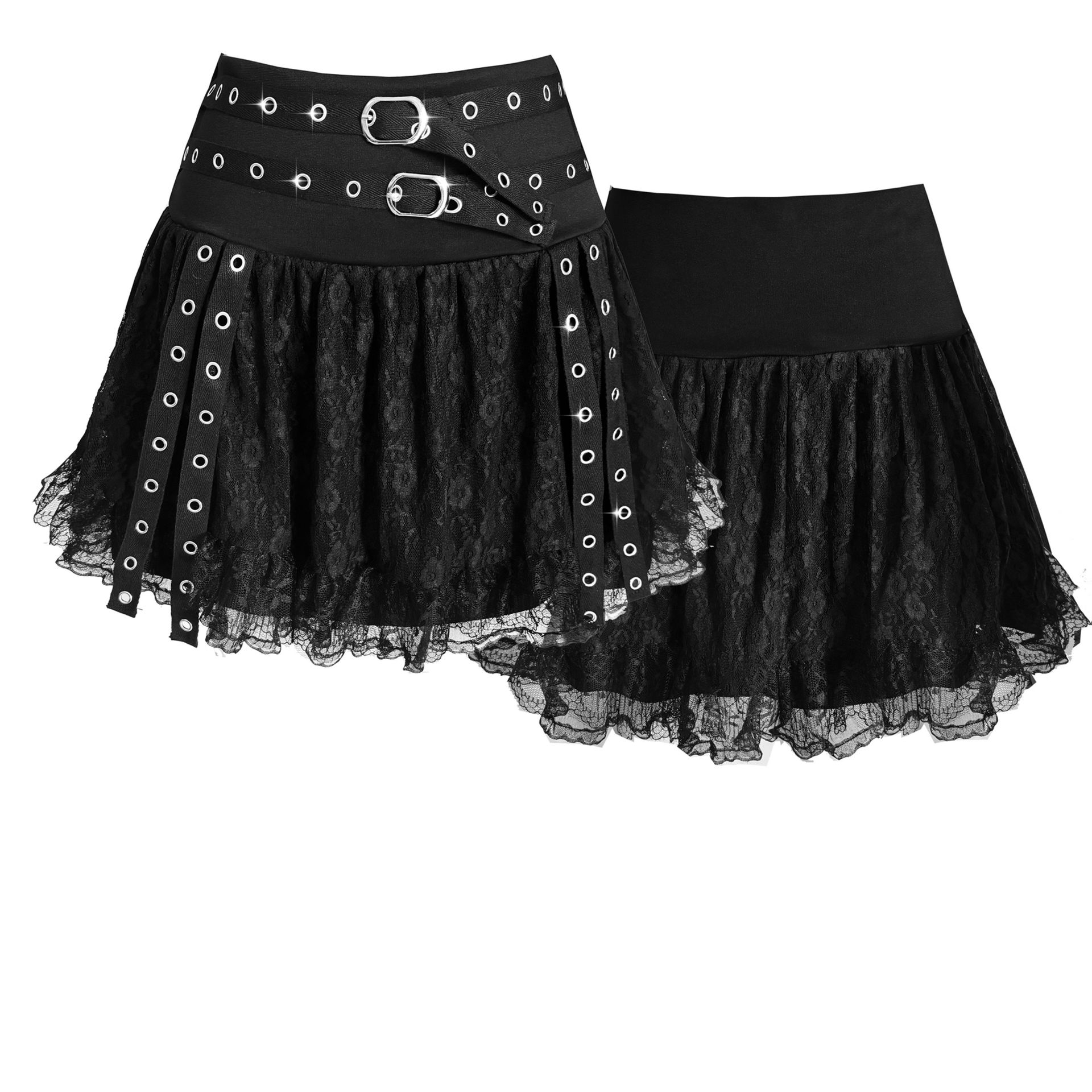TEMU Y2K Modna Spódnica Damska z Koronką, Rockowy Styl z Szerokim Paskiem i Metalowymi Oczkami, Modna Mini Spódnica na Festiwale Muzyczne, Gotyckie