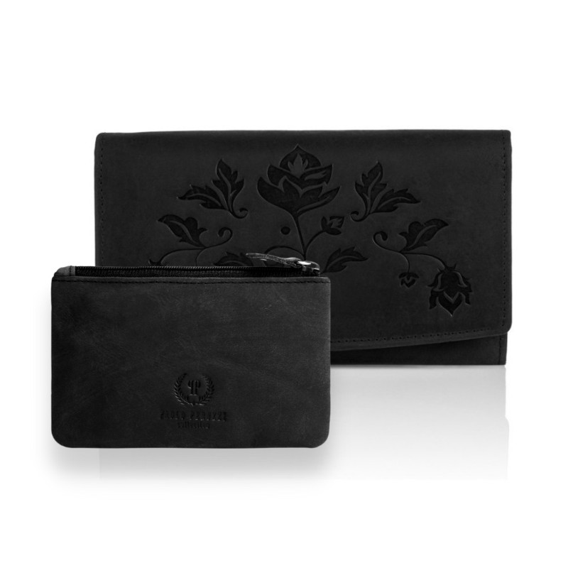 Bestsellerowy portfel damski skórzany czarny T-01 etui na klucze vintage T-51 uniwersalny zestaw upominkowy ZUP-36-BL