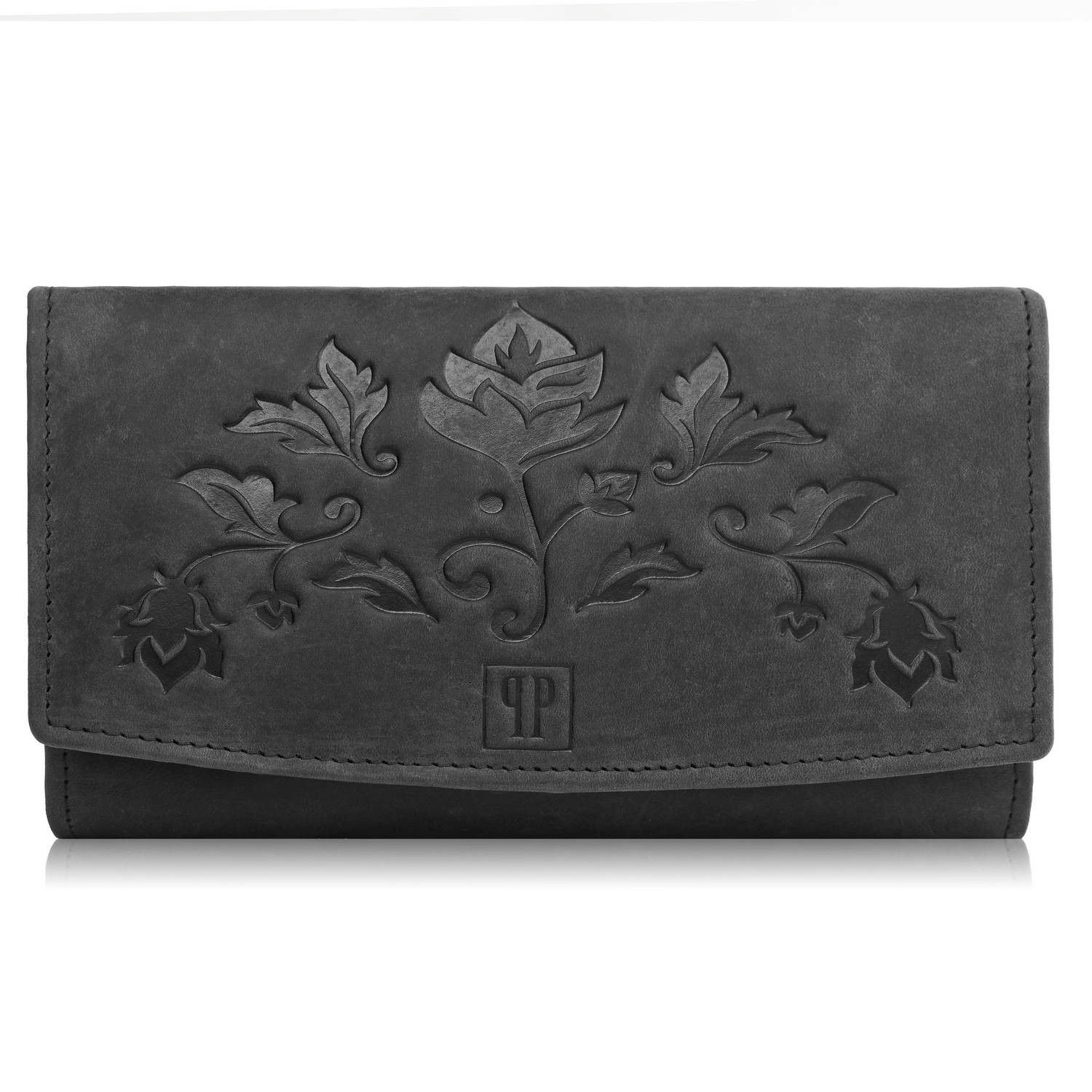 Portfel damski skórzany vintage czarny w kwiaty duży T-01-BL