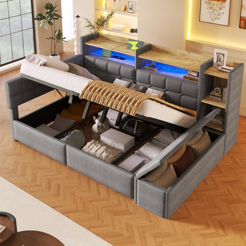 Łóżko z pojemnikiem 140 x 200 cm, półką, ławką ze schowkiem, diodami LED, USB i gniazdem typu C - Aksamit i płyta MDF - Ciemnoszary