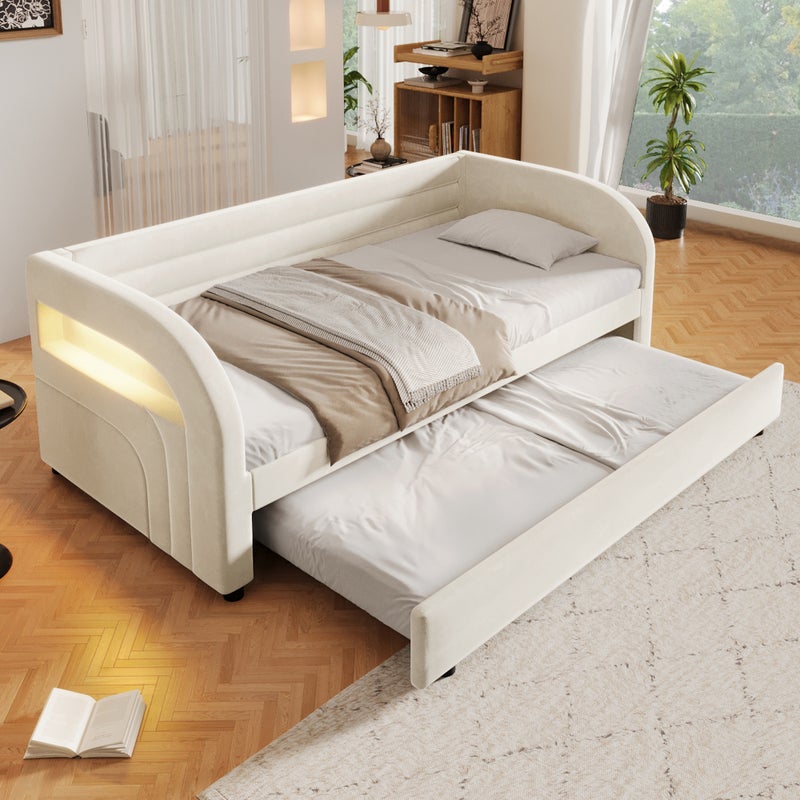 Łóżko 90 x 200 cm ze schowkiem hydraulicznym i oświetleniem LED RGB - Flanela i MDF - Beżowe (materac nie jest wliczony w cenę)