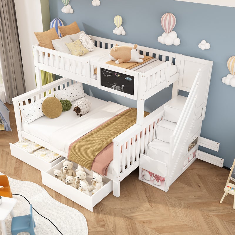 Łóżko piętrowe 90 x 200 / 140 x 200 cm z drabinką, tablicą, 2 szufladami i szafkami – lite drewno i płyta MDF – białe