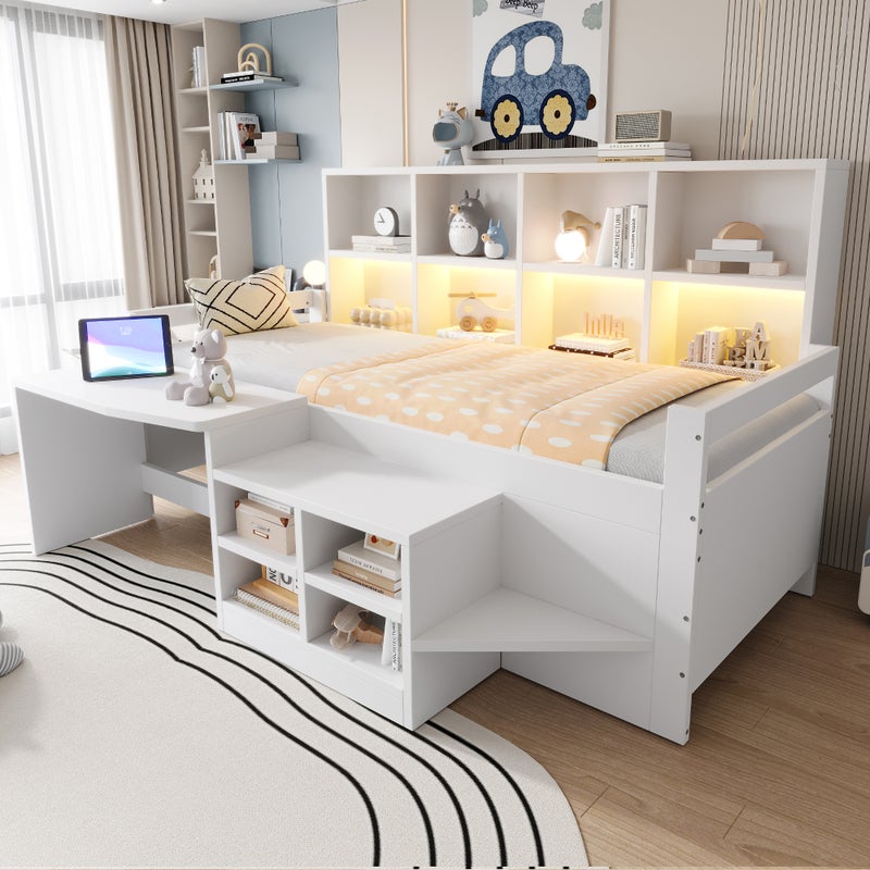 Wielofunkcyjne łóżko 90 x 200 cm z biurkiem, schowkiem, oświetleniem LED, USB i gniazdkiem – sosna/MDF – białe (materac nie jest wliczony w cenę)