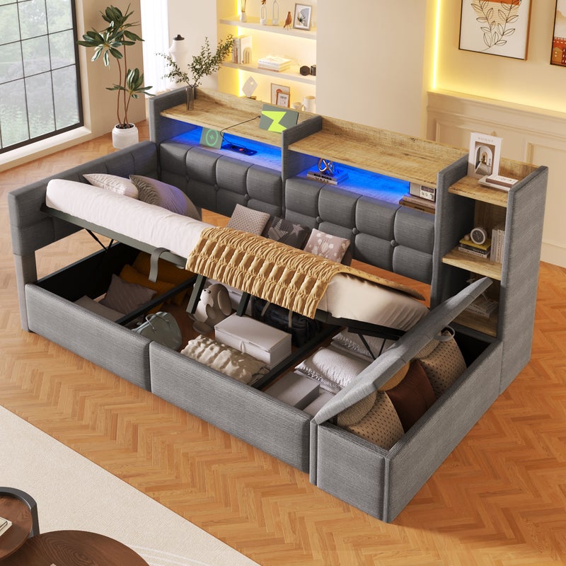 Łóżko z pojemnikiem 90 x 200 cm, półką, ławką ze schowkiem, diodami LED, USB i gniazdem typu C - Aksamit i płyta MDF - Ciemnoszary