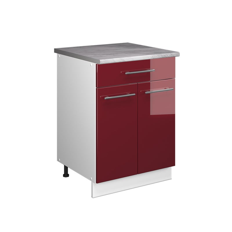 Vicco Szafka dolna pod zlew/płytę Fame-Line, Bordowy wysoki połysk/Biały, 60 cm z szufladą, BP Marmur