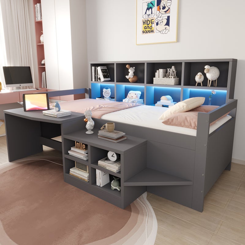 Wielofunkcyjne łóżko 90 x 200 cm z biurkiem, schowkiem, oświetleniem LED, USB i gniazdkiem – sosna/MDF – szare (materac nie jest wliczony w cenę)