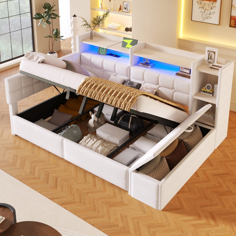 Łóżko z pojemnikiem 140 x 200 cm, półką, ławką ze schowkiem, diodami LED, USB i gniazdem typu C - Aksamit i płyta MDF - Białe