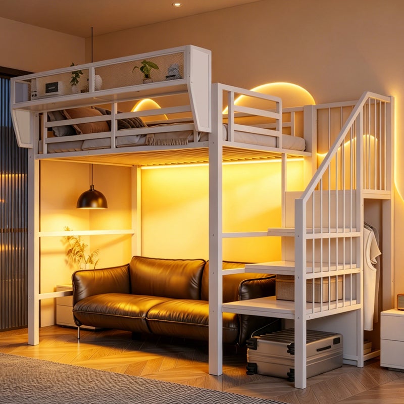 Łóżko piętrowe 90 x 200 cm z oświetleniem LED, półkami i otwartą szafą – solidna metalowa rama + płyta MDF – białe (materac nie jest wliczony w cenę)