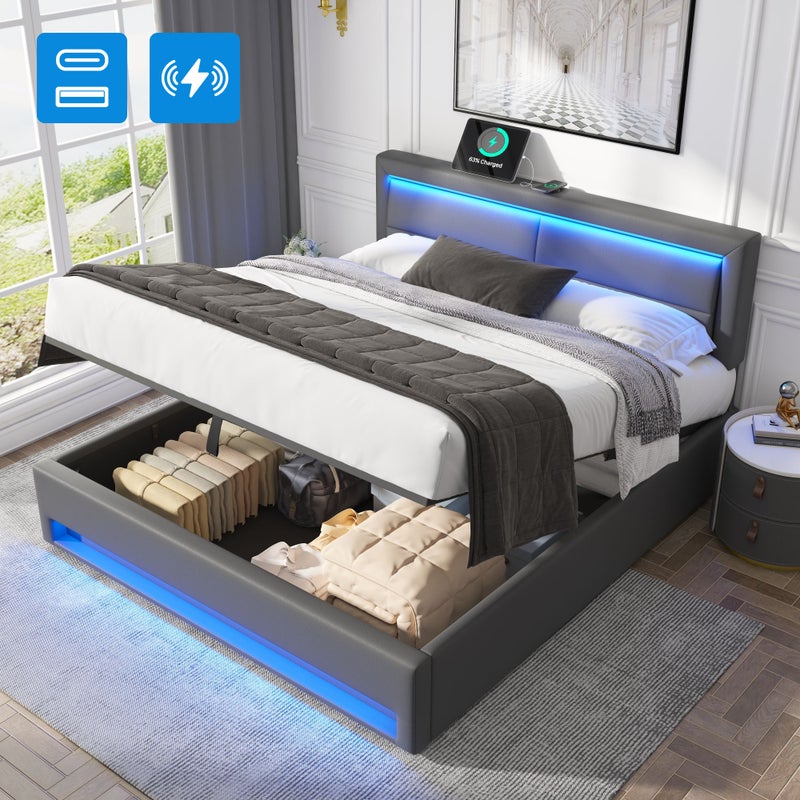Łóżko z pojemnikiem 160x200 cm z ekoskóry z LED - z portami ładowania (przewodowym i bezprzewodowym) - Szare