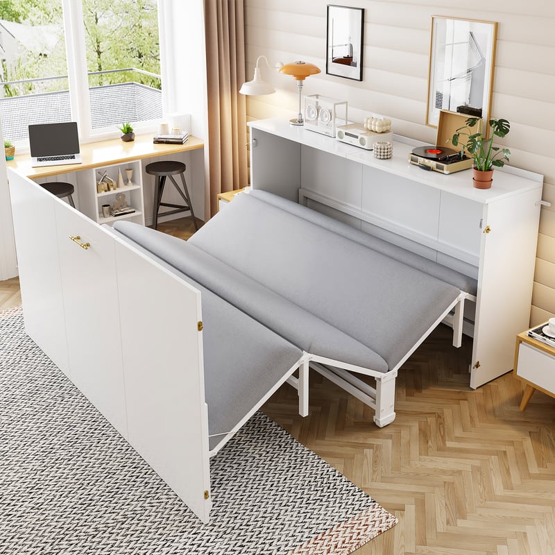 Łóżko chowane w ścianie 140 x 200 cm z materacem lnianym – Metal i drewno – Oszczędność miejsca dzięki składanemu systemowi z cichymi kółkami – Białe