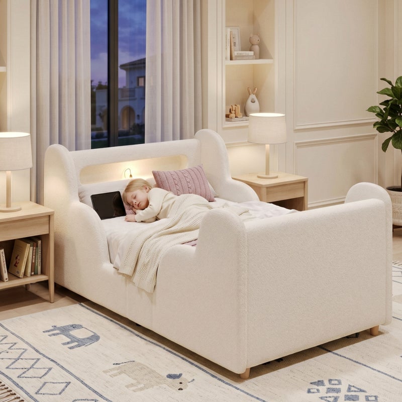 Łóżko Montessori 90 x 200 cm z beżowej tkaniny boucle, z wyściełanymi szczebelkami, lampką nocną LED i portami USB-C (materac nie jest dołączony)