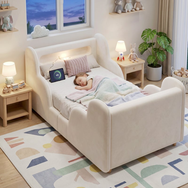 Łóżko Montessori 90 x 200 cm z beżowego aksamitu, z wyściełanymi szczebelkami, lampką nocną LED i portami USB-C (materac nie jest dołączony)