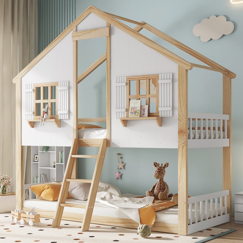 Łóżko piętrowe 90x200cm - z drabiną i barierką - z oknami i kształtem domu - Drewno lite + MDF - Biały + Naturalny