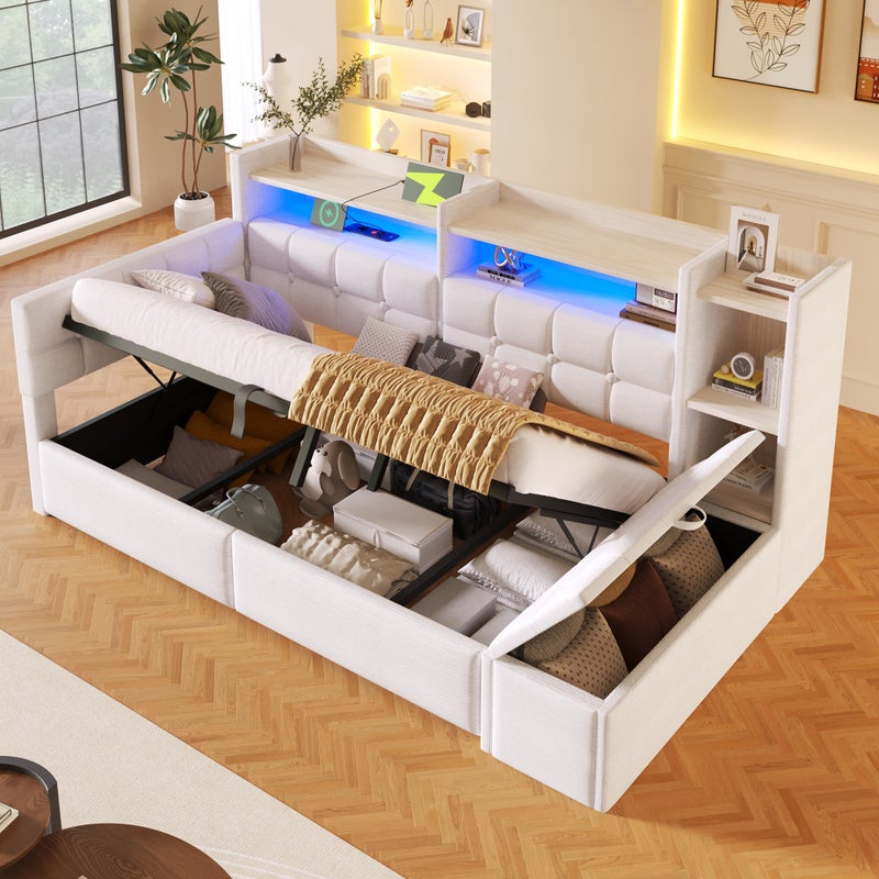 Łóżko z pojemnikiem 90 x 200 cm, półką, ławką ze schowkiem, oświetleniem LED, USB i gniazdkiem typu C - Aksamit i płyta MDF - białe