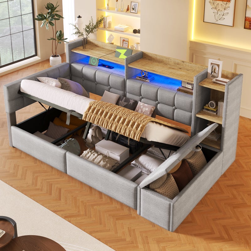 Łóżko z pojemnikiem 90 x 200 cm, półką, ławką ze schowkiem, diodami LED, USB i gniazdem typu C - Aksamit i płyta MDF - Szare