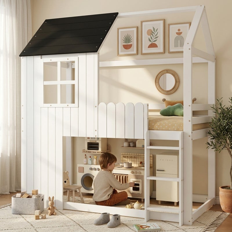 Łóżko piętrowe 90 x 200 cm w kształcie domku z drabinką i schowkiem pod łóżkiem – Sosna i MDF – Biały i czarny