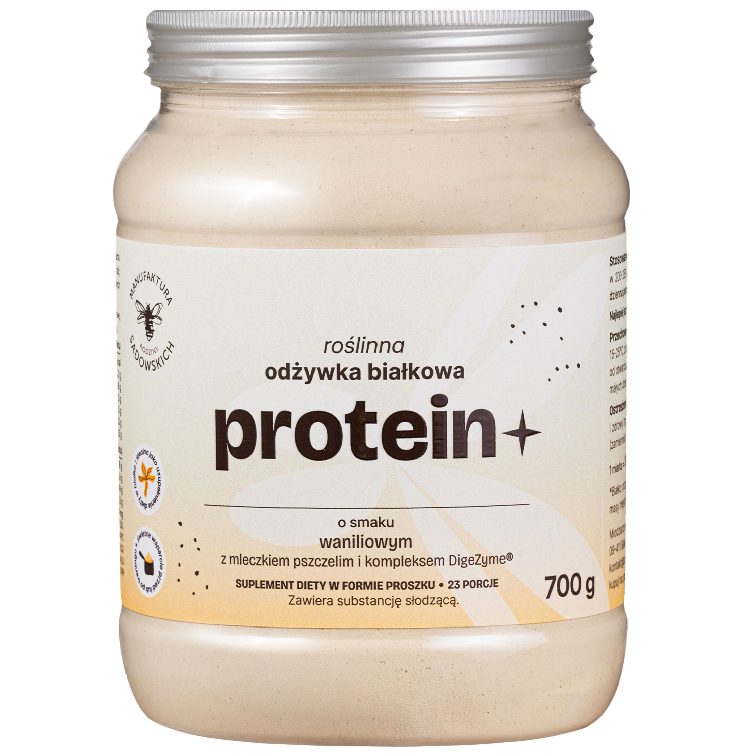 Manufaktura Rodziny Sadowskich Protein+, roślinna odżywka białkowa, smak waniliowy z mleczkiem pszczelim, 700 g