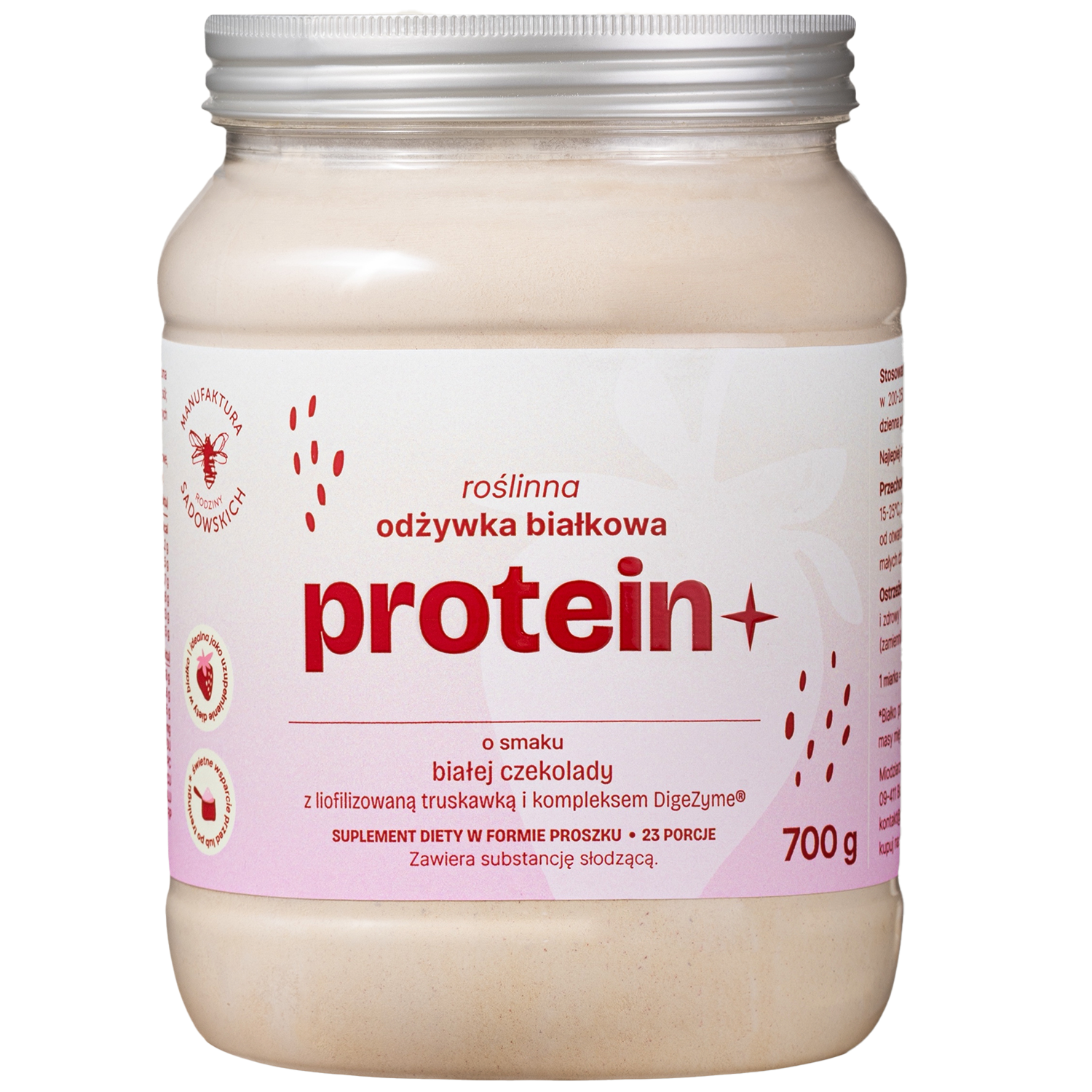 Manufaktura Rodziny Sadowskich Protein+, roślinna odżywka białkowa, smak białej czekolady z liofilizowaną truskawką, 700 g