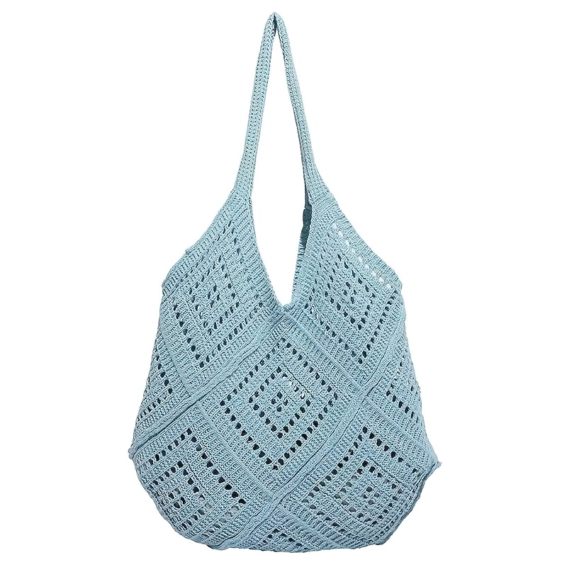 TEMU Ręcznie Torba Tote o Dużej Pojemności w Stylu Vintage - Plażowa Dzianinowa Torba na Ramię z Paskiem, Ażurowa, Odpowiednia na Wybrzeże, Dojazdy,