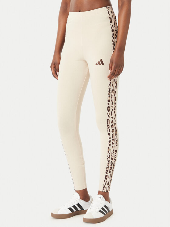 adidas Legginsy Seasonal Essentials Animal Print 3-Stripes KR7619 Beżowy jasny Slim Fit