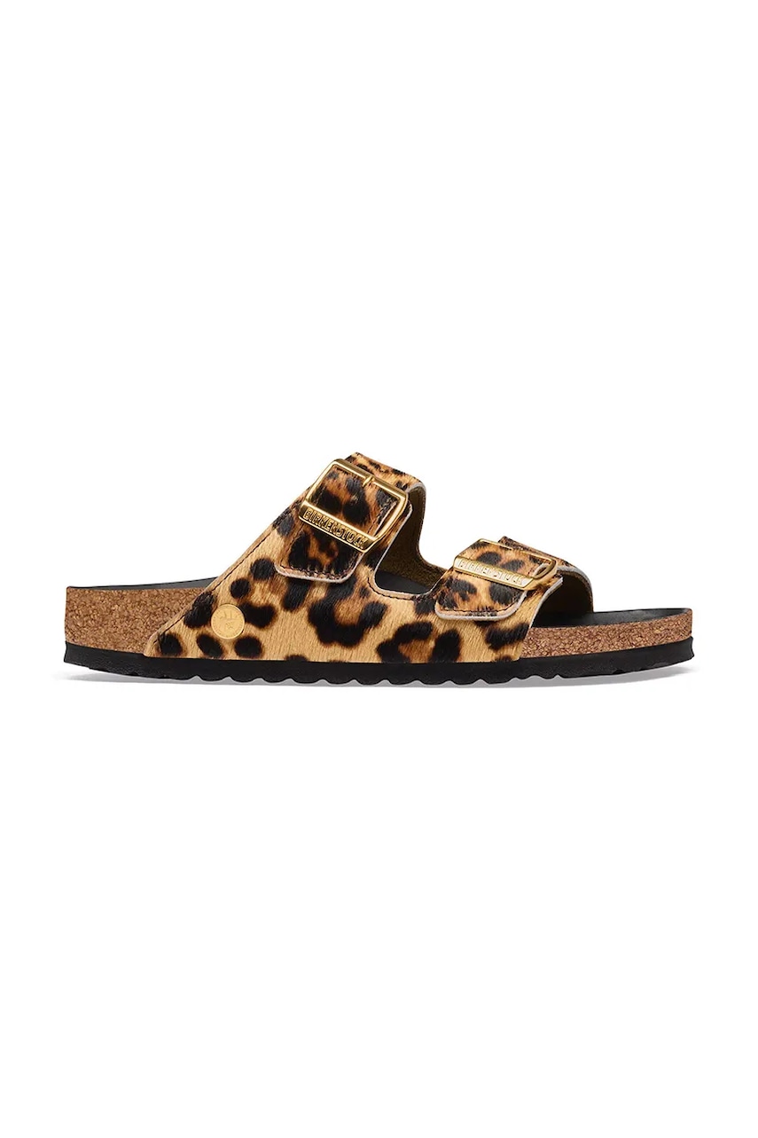Birkenstock Arizona FUR Leo Natural HEX klapki na płaskim obcasie damskie skórzane