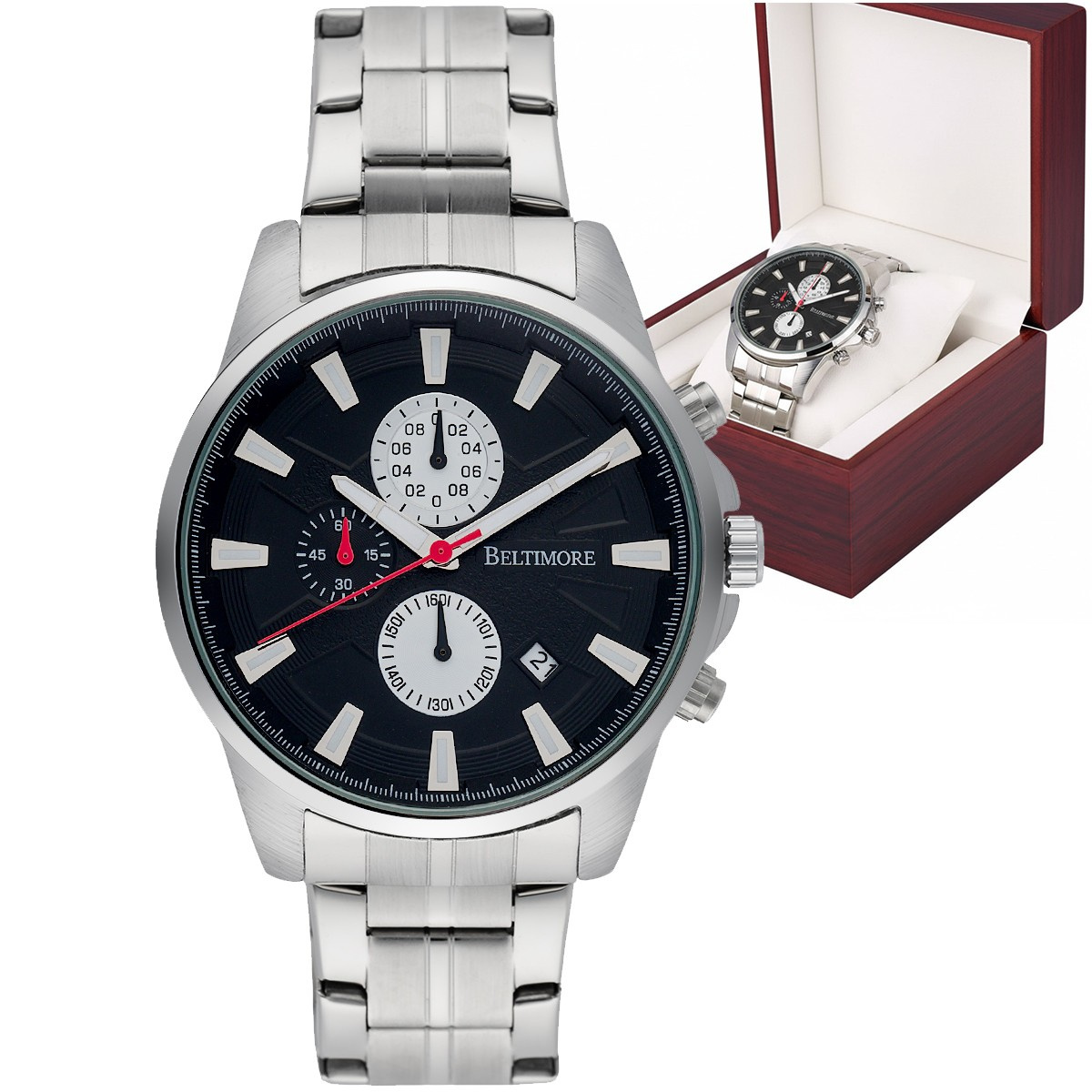 Zegarek męski na bransolecie duży solidny chronograf datownik srebrny Beltimore BT04