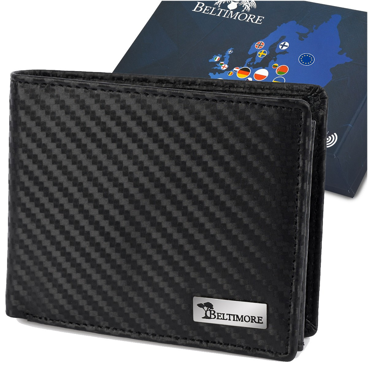 Portfel męski skórzany klasyczny RFiD duży czarny carbon premium Beltimore P01