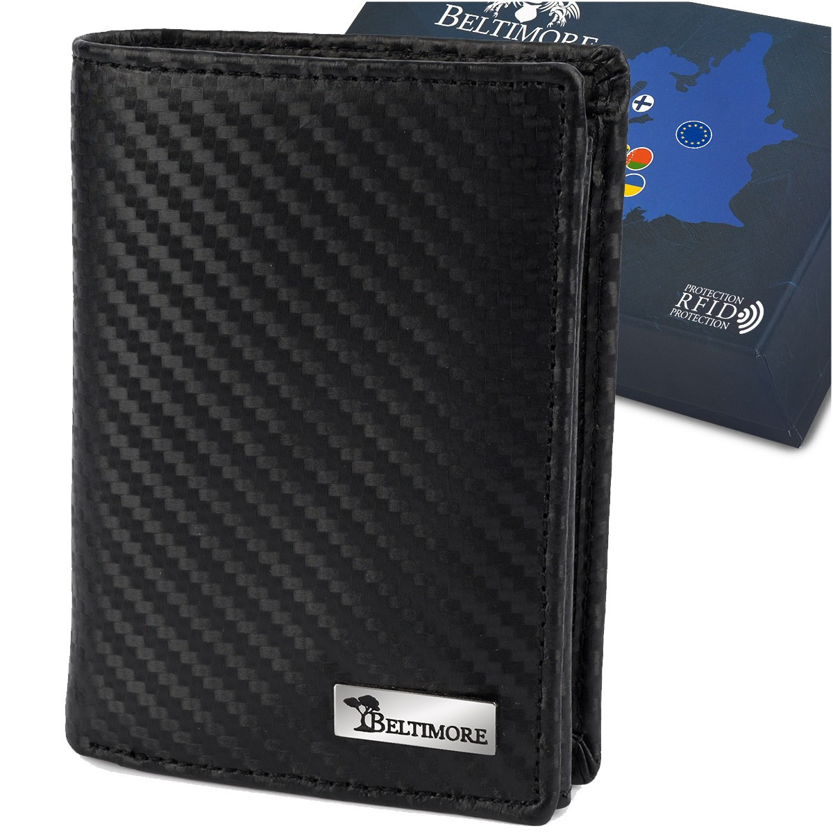 Męski portfel skórzany pionowy klasyczny RFiD duży czarny carbon premium Beltimore P03